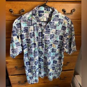 Vintage blue water shirt w architectural landmarks & landscapes size large